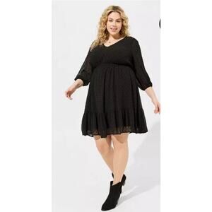 Torrid Dress Sz 3X Black Mini Clip Dot Crochet Lace Skater Flowy Mesh Dressy EUC